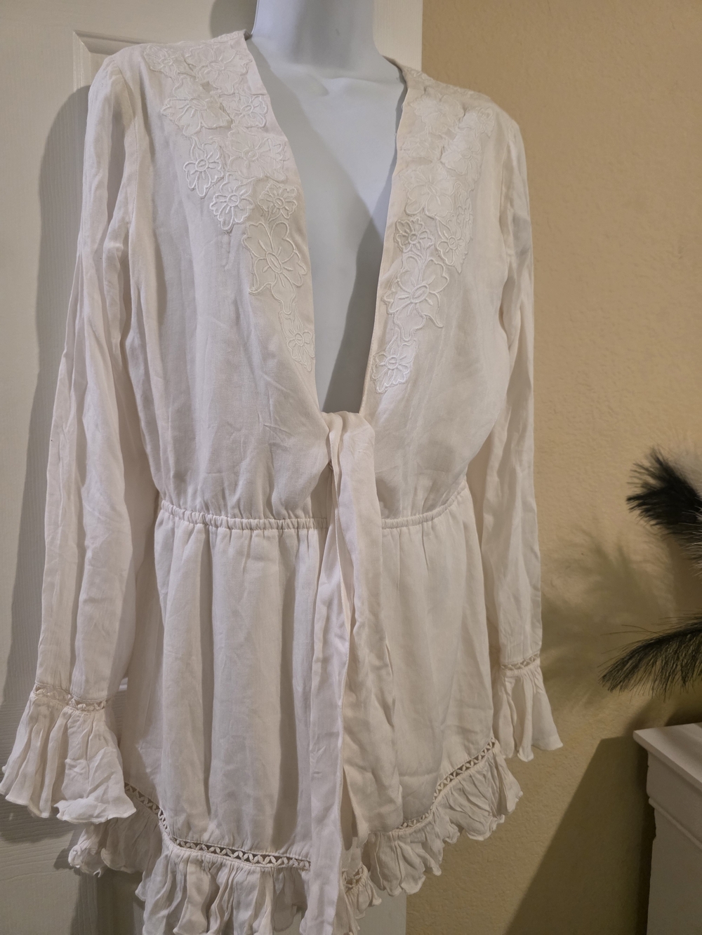 Tularosa Cream Tie-Front Embroidered Romper/Cover-Up
